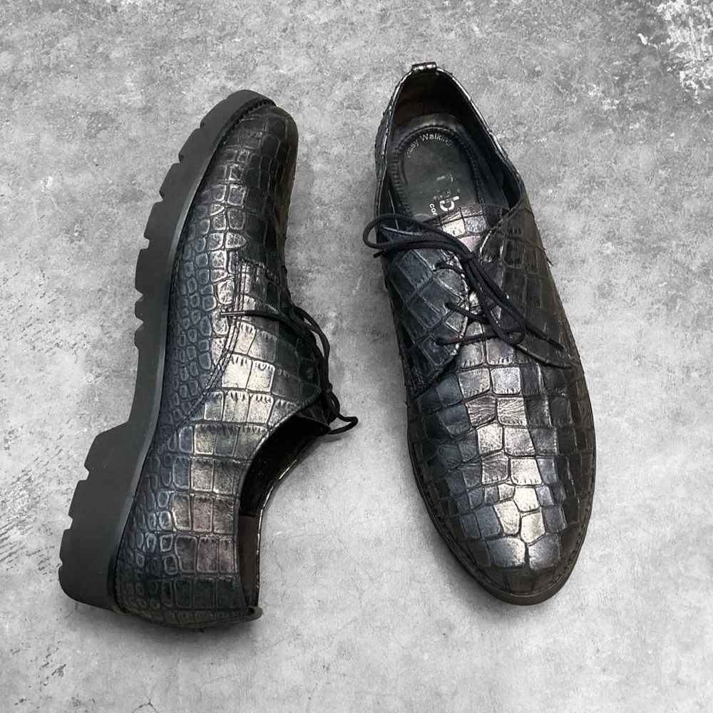 GABOR Men’s Pewter Metallic Leather‎ Lace Up Crocodile Oxford, Size 6